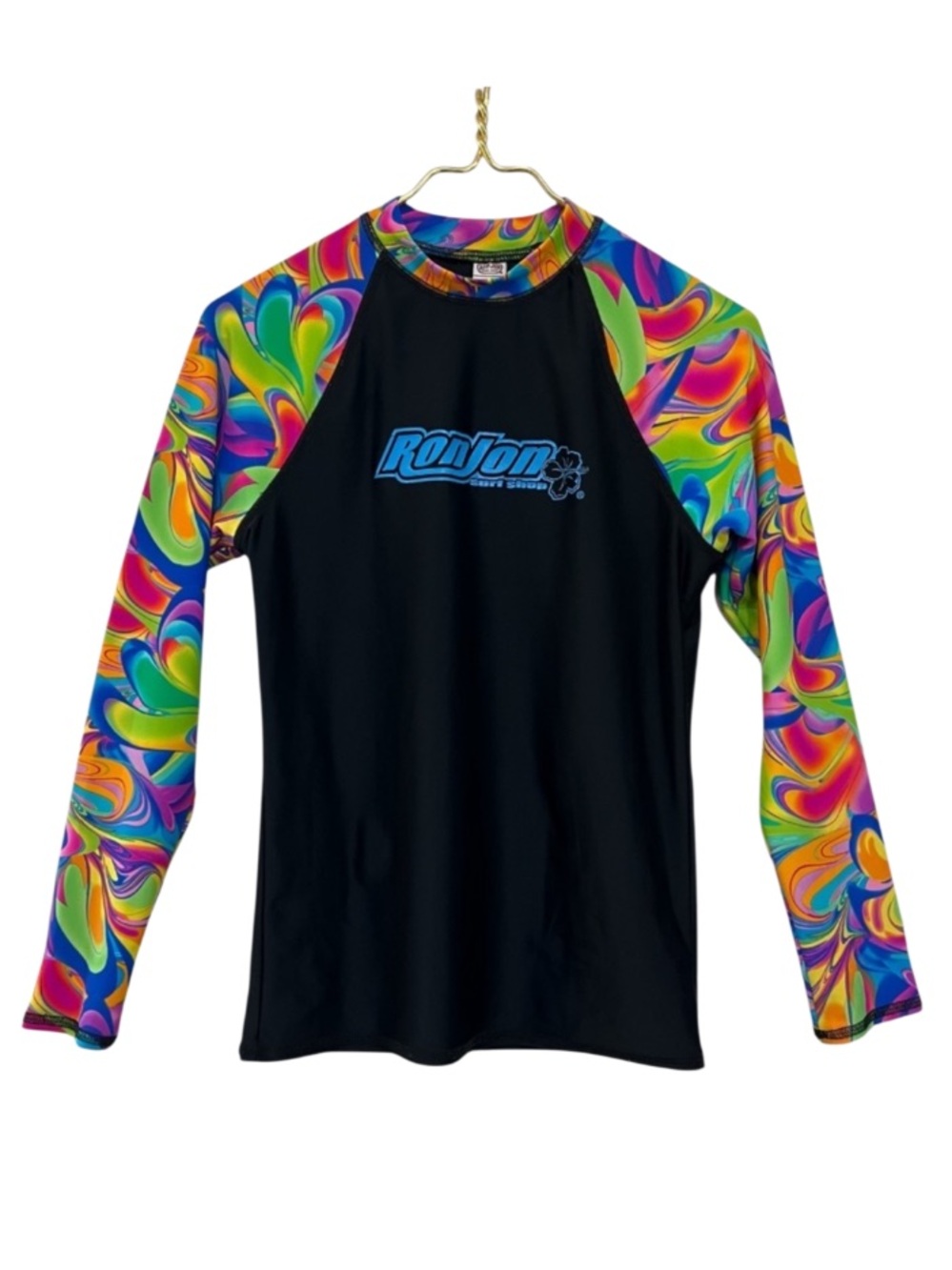 Ron Jon Surf Shop Black Rash Guard with Colorful Psychedelic Swirl Long Sleeves